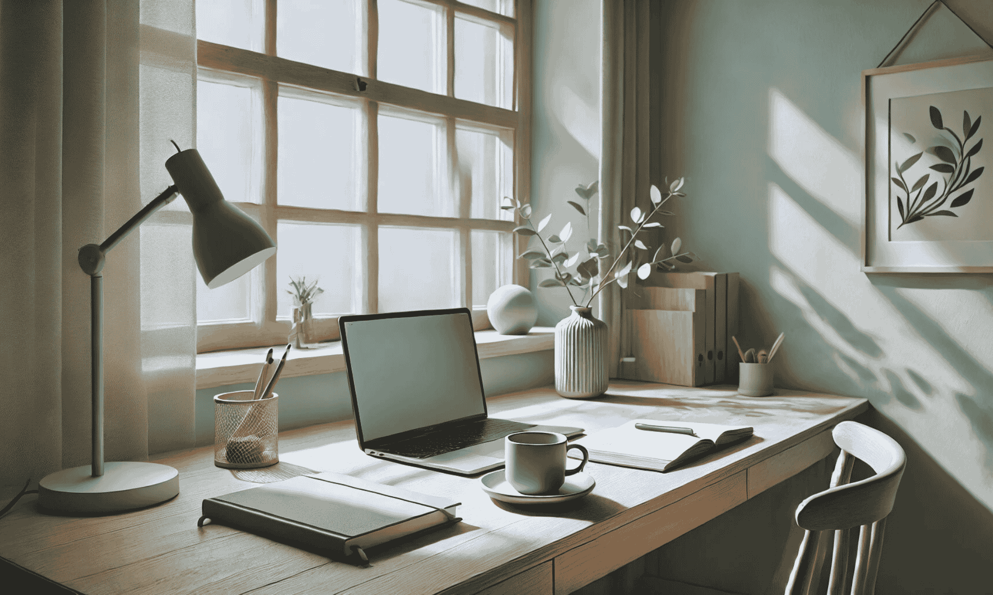 Espace de travail minimaliste avec ordinateur portable, carnet et lumière naturelle, représentant une productivité structurée et consciente